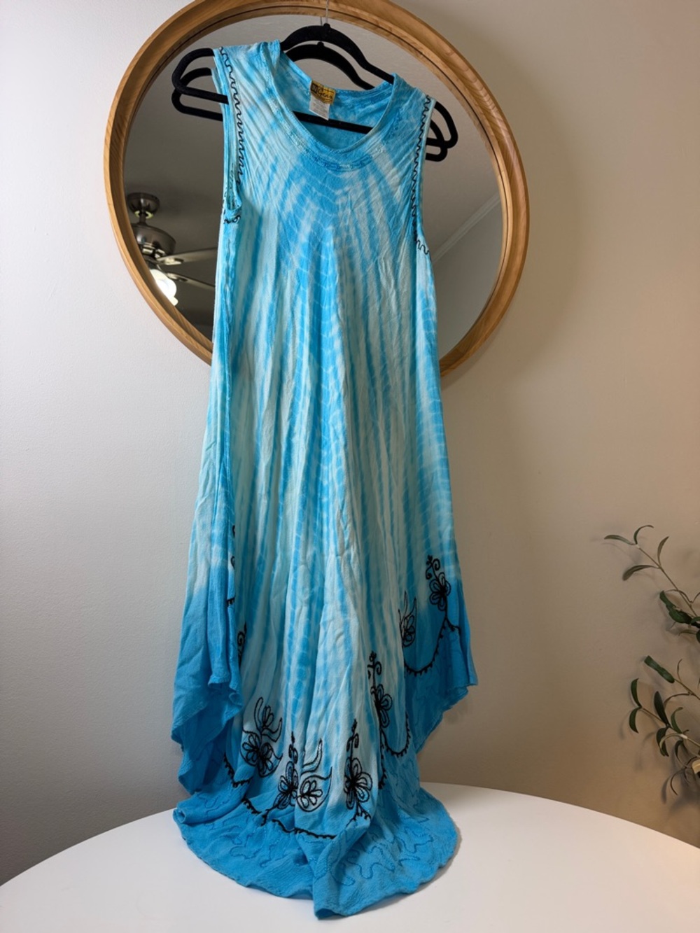 Ingear Blue Tie-Dye Asymmetrical Maxi Dress‎ with Black Floral Embroidery